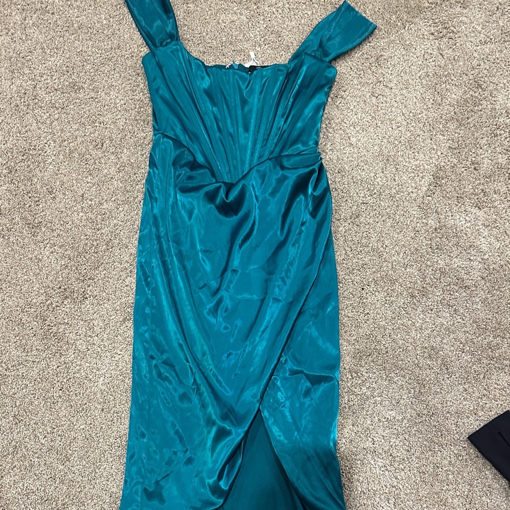 Teal Satin Evening Dress - Women